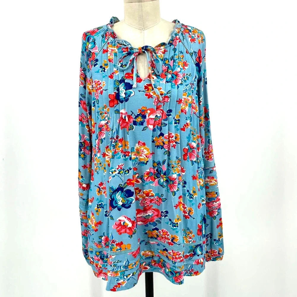 Tolani Collection Blue Floral Pintuck Jersey Long Sleeve Blouse Top‎ Size Small